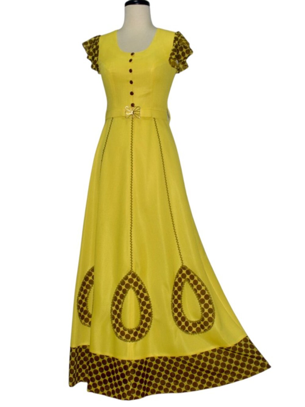 Vintage 60s 70s Mod Yellow Maxi Dress Polka Dot Flutter Sleeves Belt XS